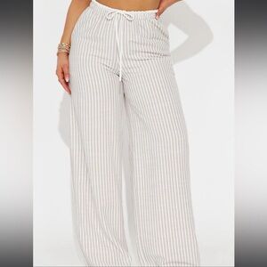 Striped Wide-Leg Drawstring linen Pants - Cream/White